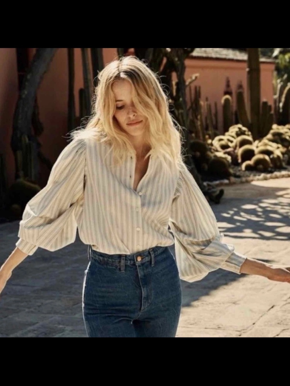 DÔEN Scarlet  Stripe Cotton Sleeve Button Front Blouse